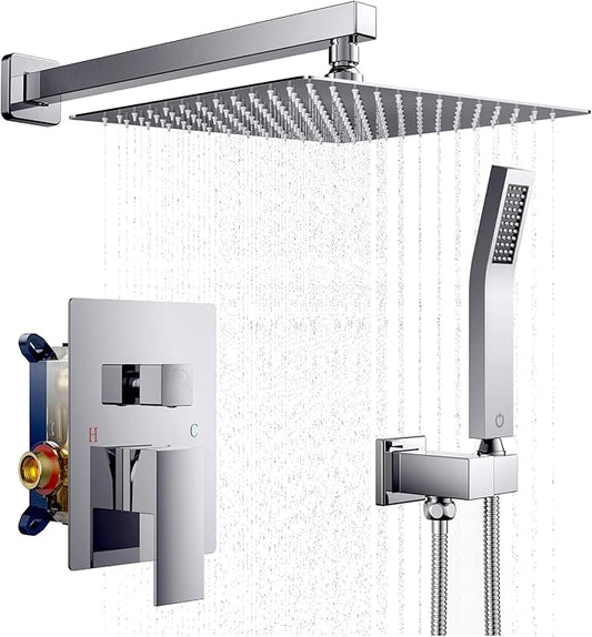 FORIOUS Rain Shower Head System, 10 Inch Shower Faucet Set with with handheld combo, Solid Brass Pressure Balanced Valve and Trim Kit Fixtures, Wall Mounted, Brushed Nickel (Chrome, 10 inch)