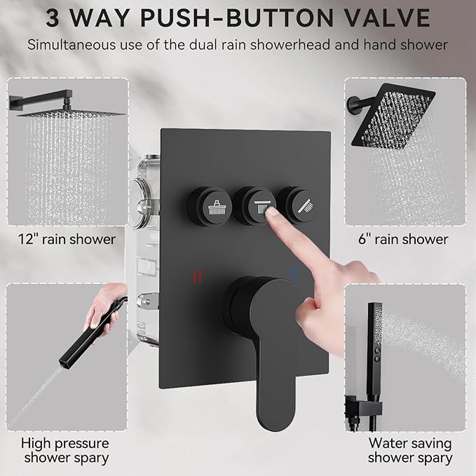 Shower Systems with Rain Shower and Handheld,STARBATH Dual Head 12+6" Rainfall Shower Can Run All Together, Wall Mount Shower Faucet Set with Pressure Balance Valve and Trim Kit, Matte Black