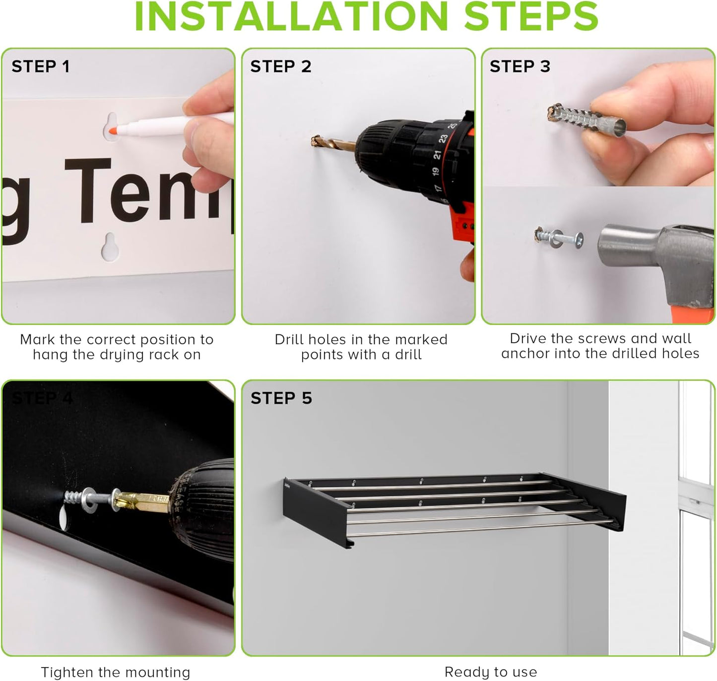 Wall Mounted Laundry Drying Rack, Retractable Clothes Drying Rack for Bathroom with Wall Template, 5 Stainless Rods Heaving 60 lb Capacity (Black, 31.5")