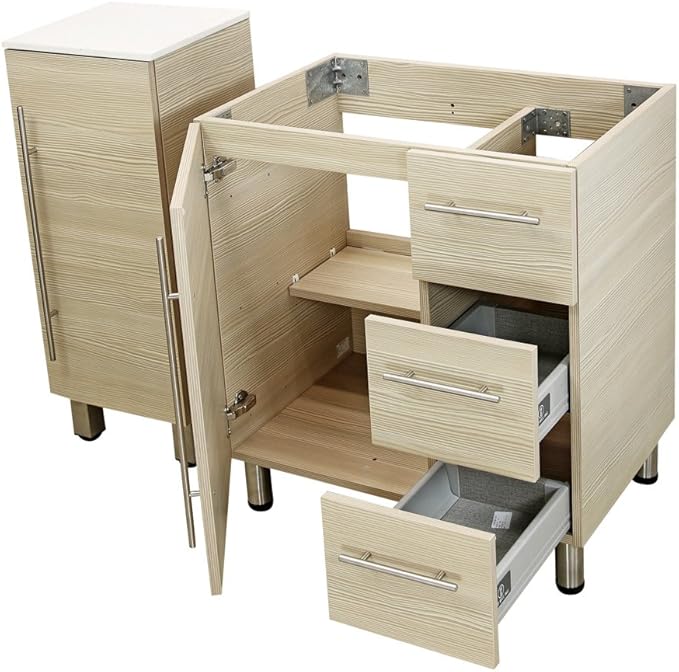 30" Freestanding Bathroom Vanity, Tan. White Integrated Countertop