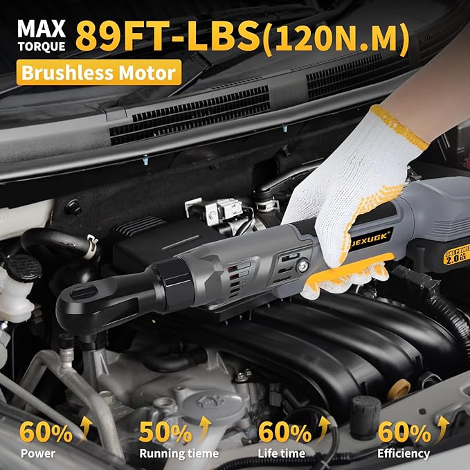 120Nm Cordless Ratchet Wrench, 3/8" 89 FT-LBS Brushless Ratchet Set with 2 x 2.0A Battery, 21V Electric Matraca Electrica with Variable Speed 7Sockets,1/4" Adapter,1/2" Adapter,3" Extension Bar