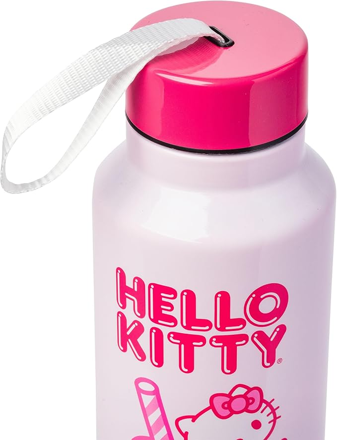 Silver Buffalo Hello Kitty Kawaii Strawberry Milk Pink Stainless Steel Water Bottle with Strap, 27 Ounces