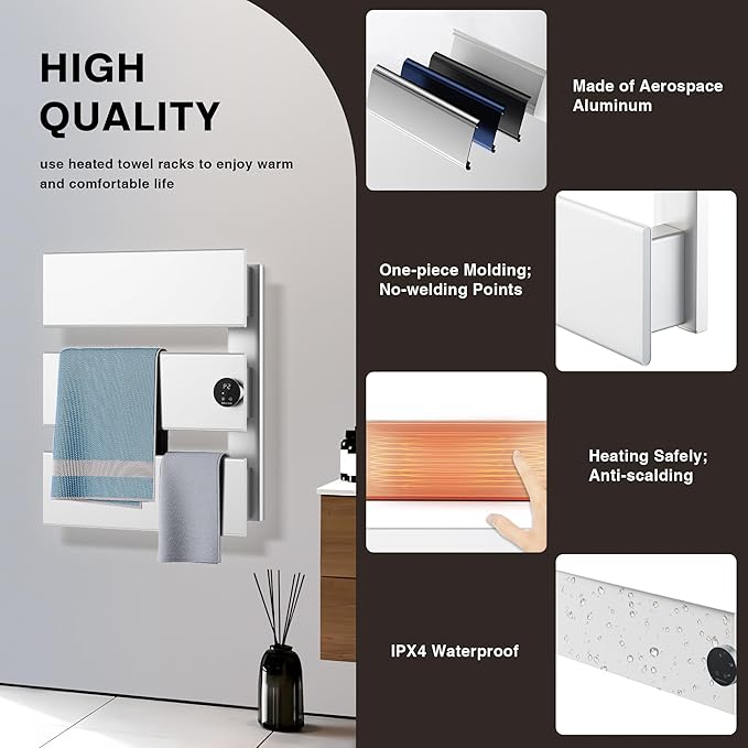 K&KALONZO Electric Towel Warmer, 18.35" W x 22.8" H Wall-Mounted Towel Heater with Built-in Timer, Waterproof Aluminum Towel Warmer for Bathroom, Support Plug-in and Hardwired, White, K3-R-W