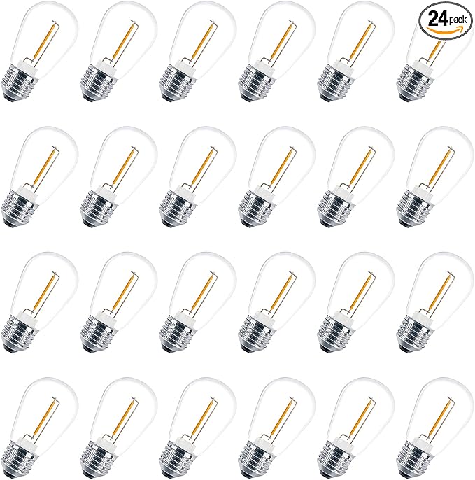 24 Pack LED S14 Replacement Light Bulbs, Shatterproof Waterproof 1W Outdoor String Light Bulbs, E26 Medium Base, 2200K Warm White, 11w Equivalent, Non-Dimmable