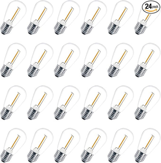 24 Pack LED S14 Replacement Light Bulbs, Shatterproof Waterproof 1W Outdoor String Light Bulbs, E26 Medium Base, 2200K Warm White, 11w Equivalent, Non-Dimmable