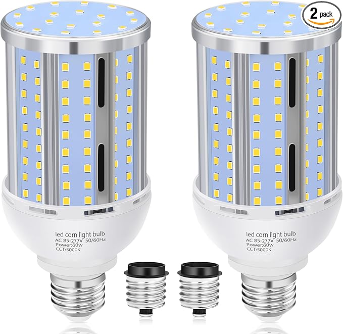 60W LED Corn Light Bulb(2 Pack),(600 Watt Equivalent) Fanless E26/E39 Medium/Large Mogul Base LED Cob Lamp 5000K Daylight 6,900LM for Outdoor Indoor Garage Warehouse Factory Workshop Street Backyard