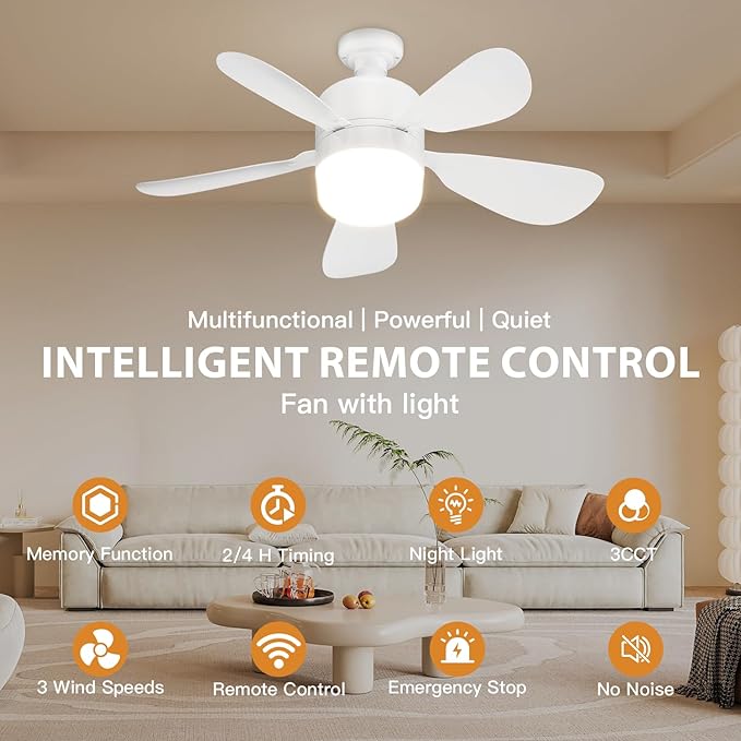 JTT Socket Fan Light with Remote - Screw in Ceiling Fan Light LED Bulb Fan with 3 Speed, 3000/4000/6000K Selectable and Adjustable Brightness Settings Socket Fan for Bedroom Living Room Kitchen Garage