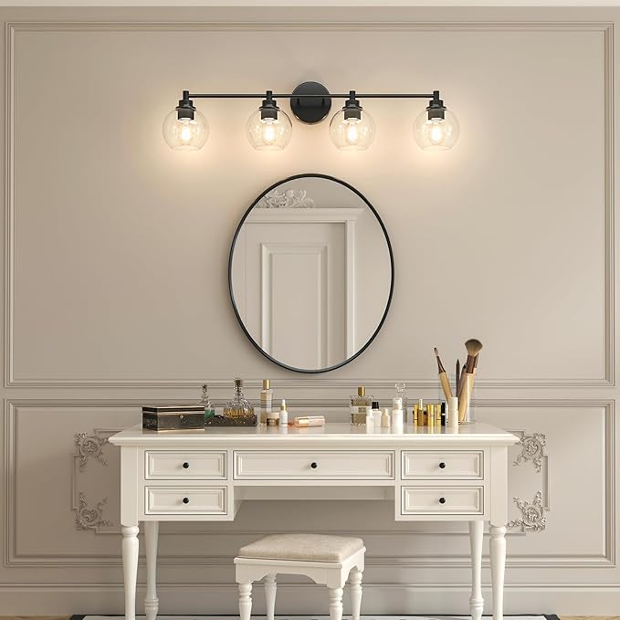 VONLUCE Bathroom Light Fixtures, 4-Light Bathroom Vanity Light with Globe Glass Shades E26 Sockets, Vanity Lights Over Mirror for Bedroom Hallway Living Room, Black Finish