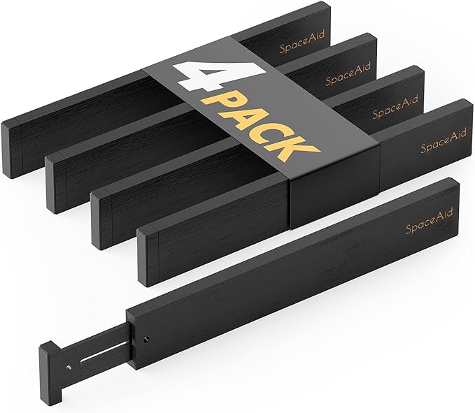 SpaceAid 4 Pack Bamboo Drawer Dividers with Labels, Kitchen Adjustable Drawer Organizers, Expandable Organization for Home Clothes Dressers (17-22 in, Black)