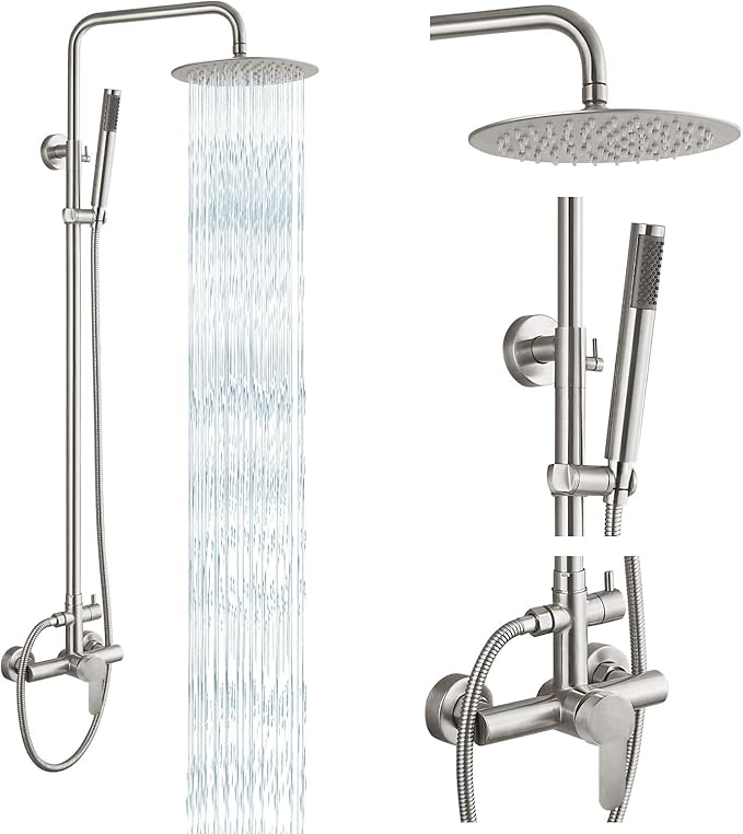 gotonovo Outdoor Shower Fixtures SUS304 Stainless Steel Rain Shower Kit Faucet High Pressure Wall Mount 2 Dual Function 8 Inch Showerhead and Handheld Spray Combo, Single Handle, Brushed Nickel