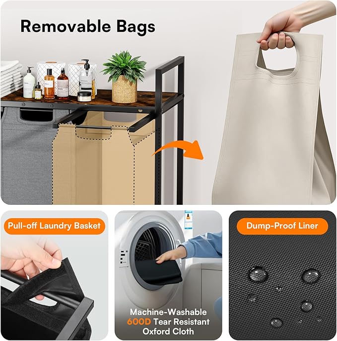 145L Laundry Hamper: Laundry sorter 3 Section - Laundry Room Organization and Storage with 4 Pull-Out Drawers, Removable Oxford Bags, Lockable Wheels & Sturdy Shelf for Home, Bathroom, Bedroom