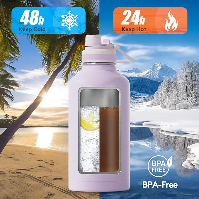 Insulated Water Bottle 64 oz, Double Walled Vaccum Stainless Steel Half Gallon Water Bottle with Straw and Handle, 2-in-1 (Straw & Spout) Water Flask Jug Lid for Gym and Outdoor Sports