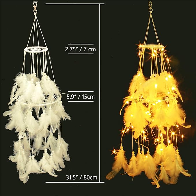 Bed Canopy with Double Circle White Feather Dream Catcher and 50 LED Fairy String Lights, Mosquito Net - Unique Style Dome Bed Netting Canopy Curtains Canopy - Suggested for Twin Full Queen King Bed