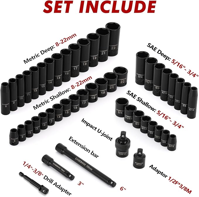 CASOMAN 3/8" Drive Impact Socket Set, 49 Piece Standard SAE and Metric Sizes (5/16-Inch to 3/4-Inch and 8-22 mm), 6 Point, Cr-V Steel Socket Set