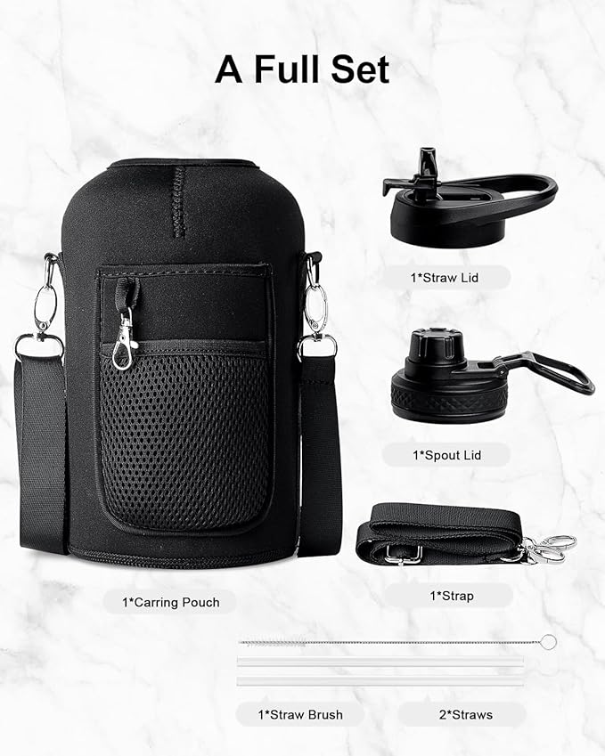 Trebo 64oz Water Bottle Insulated with Straw & 2 Lids, Half Gallon Double Wall Vacuum Stainless Steel Metal Large Jug with Handle, Wide Mouth Flask Mug with Carry Pouch, Keep Cold Hot, Black