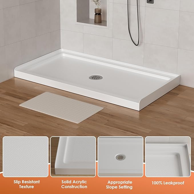 60"x 32" Shower Base, Center Drain Single Threshold Shower Pan with Slip Resistant Textured Surface, Stainless Steel Drain Cover（Center）
