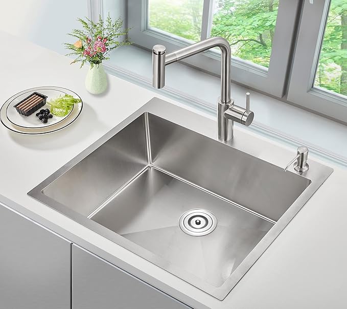 POPFLY 25×18 Inch Drop in Kitchen Sink, 18 Guage 304 Stainless Steel 9 Inch Deep Sink, 25 Inch Topmount Overmount Kitchen Bar Prep Single Bowl Sink with Drain Strainer, Brushed Nickel