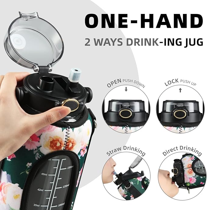 Half Gallon 64oz Glass Water Bottle with Straw and Storage Sleeve Motivational Water Bottle with Strap and Time to Drink 2L Leakproof Reusable Water Jug for Fitness Gym and Outdoors