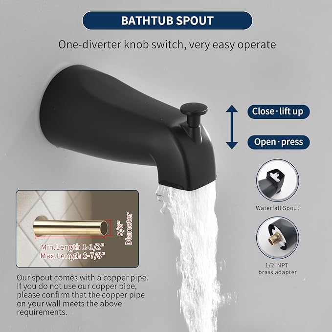 2 Handles Shower Faucet Set with Tub Spout Bathtub Shower Faucet Combo Set Shower System Complete Tub and Shower Trim Kit Matte Black Wall Mounted Shower Fixtures