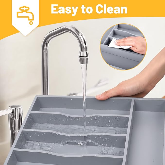 Kitchen Bamboo Silverware Organizer, Kitchen Drawer Organizer - Utensil Holder and Cutlery Tray with Grooved Drawer Dividers for Flatware 7 Slot, Grey