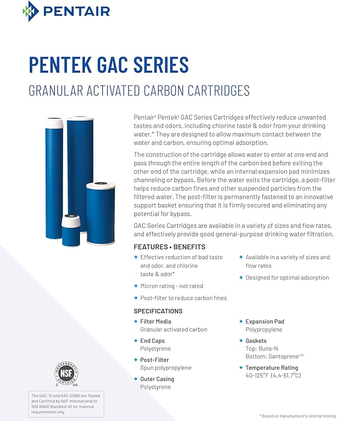 Pentair Pentek GAC-10 Carbon Water Filter, 10-Inch, Under Sink Granular Activated Carbon (GAC) Replacement Cartridge, 10" x 2.5", Pack of 2