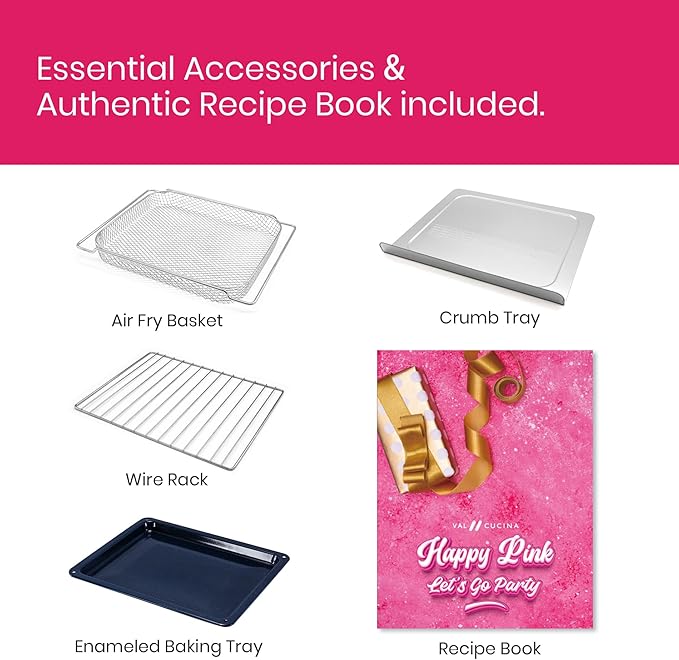 VAL CUCINA Limited Edition Happy Pink Infrared Heating Air Fryer Toaster Oven, Extra Large Countertop Convection Oven 10-in-1 Combo, 6-Slice Toast, Enamel Baking Pan Easy Clean with Recipe Book