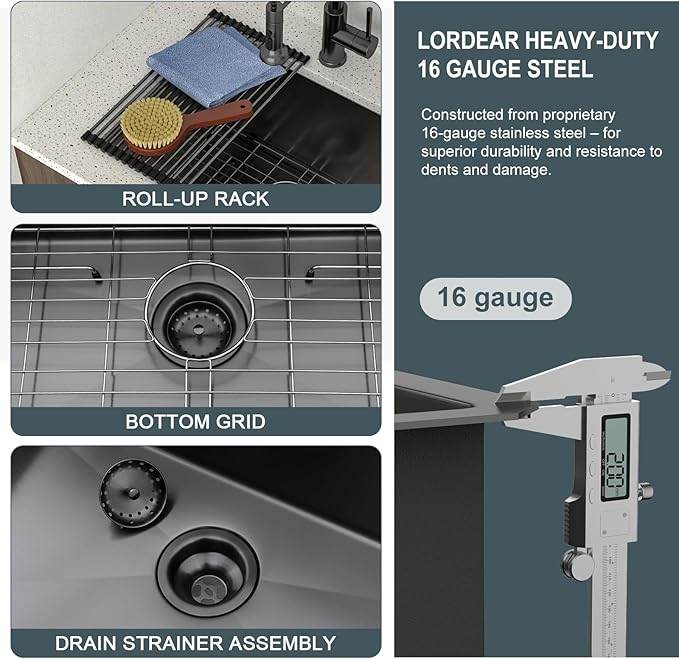 Lordear 23 Black Laundry Sink Stainless Steel 23" x 18" x 13" Undermount Sink Single Bowl 16 Gauge 13 Inch Deep Laundry Room Utility Sinks Handmade Under Counter Kitchen Basin Gunmetal Black