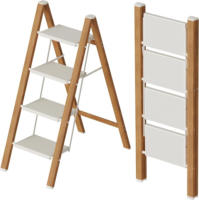 4 Step Lightweight Aluminum Folding Ladder, Portable Step Stool with Anti-Slip Pedals, 330 lbs Capacity for Home, Office, Kitchen（White&Woodgrain）