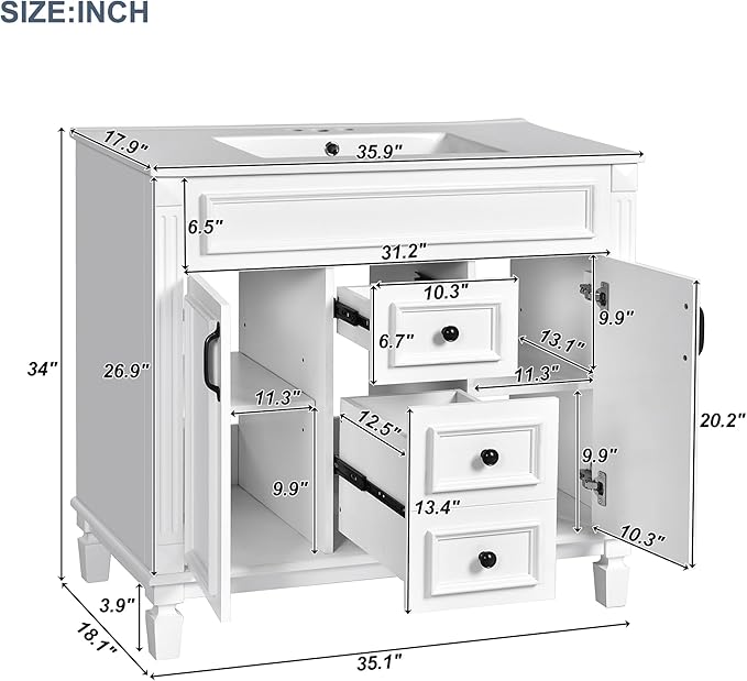 Marzzi 36" Bathroom Vanity with Sink & Matching Medicine Cabinet, 36 inch Bathroom Vanity Storage Cabinet with Sink Top, 2 Drawers, and Mirror with Storage