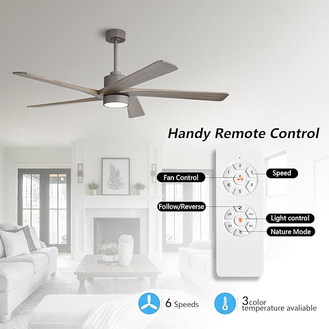 WINGBO 72 Inch DC Ceiling Fan with Lights and 3 Downrods, 5 Reversible Carved Wood Blades, 6-Speed Noiseless DC Motor, Large Ceiling Fan in Graphite Finish with Gray Blades, ETL Listed