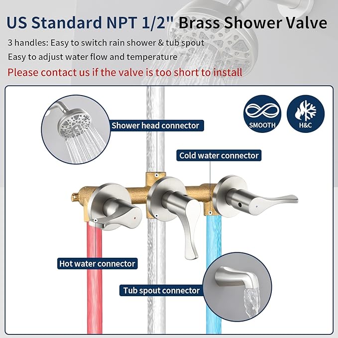 3 Handles Shower Faucet Set with Tub Spout Bathtub Shower Faucets Combo Set Shower System Complete Tub and Shower Trim Kit Brushed Nickel Shower Fixtures Brushed Nickel Shower Set