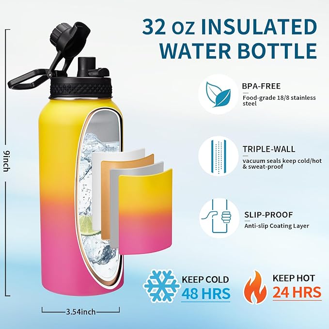 Stainless Steel Water Bottles 32oz - Cold-48h Hot-24h Insulated Water Bottle with Straw & Auto Spout Lid, Carrier Bag & Protective Cup Mat, Metal Thermo Flask Reusable Gym Waterbottle Jug Leak Proof