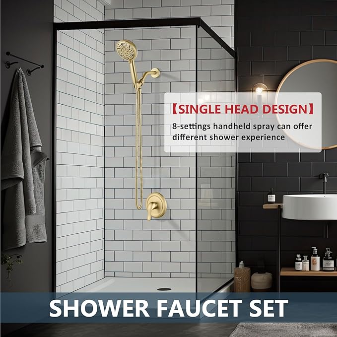 Aolemi Shower Faucet Set Rain Shower Head System Shower Trim Kit Pressure Rough-in Valve Included ABS 8 Setting Single Handheld Spray Brushed Gold