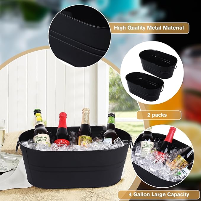 Galvanized Tub Beverage Tubs, 2pcs Metal Ice Buckets for Cocktail Bar 3 Gallon Wine Beer Drink Buckets with Handles Large Tub Cooler Mimosa Bar Supplies Ice Bucket for Parties (Black)