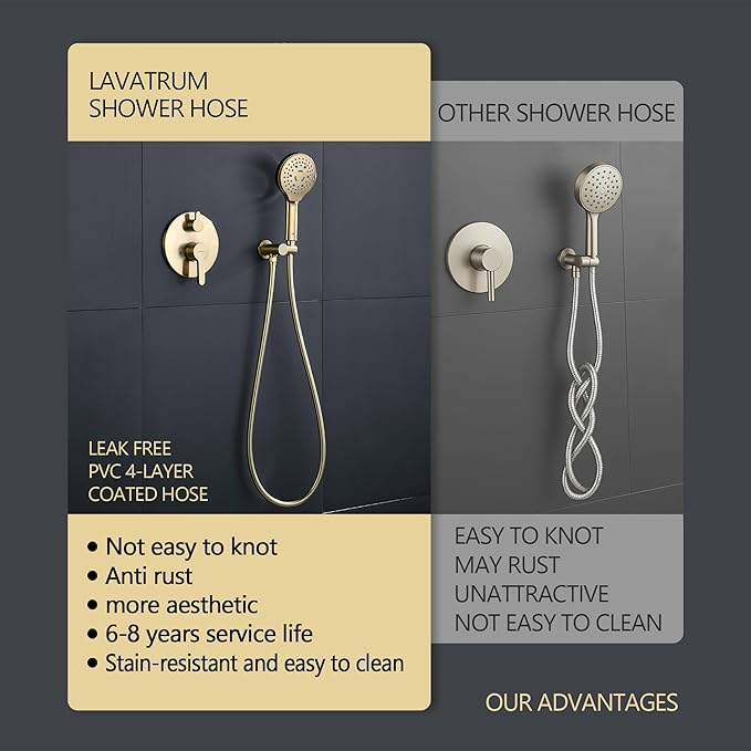 Brushed Gold Shower Faucet Set, Wall Mount Rain Shower System 10 Inches Shower Head and Shower Handheld, Included Pressure Balance Valve and Trim Kit