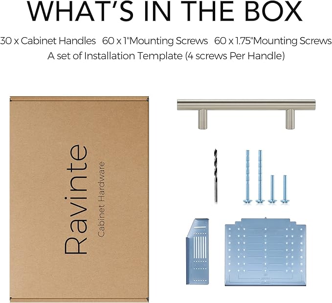 Ravinte 30 Pack | 6'' Cabinet Pulls Brushed Nickel Stainless Steel Kitchen Drawer Pulls Cabinet Handles 6”Length, 3-3/4” Hole Center with Mounting Template