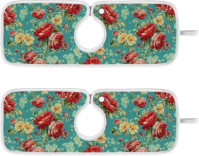 Kitchen Faucet Absorbent Mat,Rose Flower Floral Water Splash Guard for Sink, Faucet Drip Catcher Thicken Sponge Microfiber Faucet Water Catcher Mat Sink Absorbent Mat for Kitchen 23x5in 2 Pack