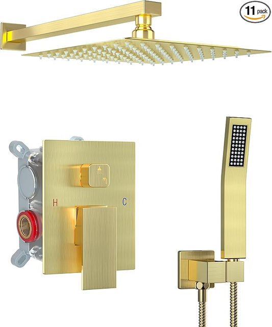 10 Inch Shower Faucet Set, Rainfall Shower System with Square Fixed Shower Head and High Pressure Handheld Shower Head, Spray Wall Mounted Rainfall Shower Fixtures, Brushed Gold