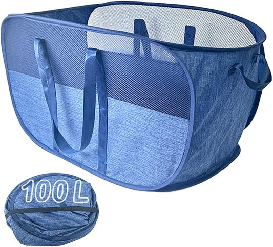 Extra Large Mesh Pop Up Laundry Hamper, 100L Collapsible Laundry Basket, Dirty Clothes Hamper with Reinforced Handles, Storage Bins for Shelves, Dorm or Home Portable Stair Laundry Basket. Blue