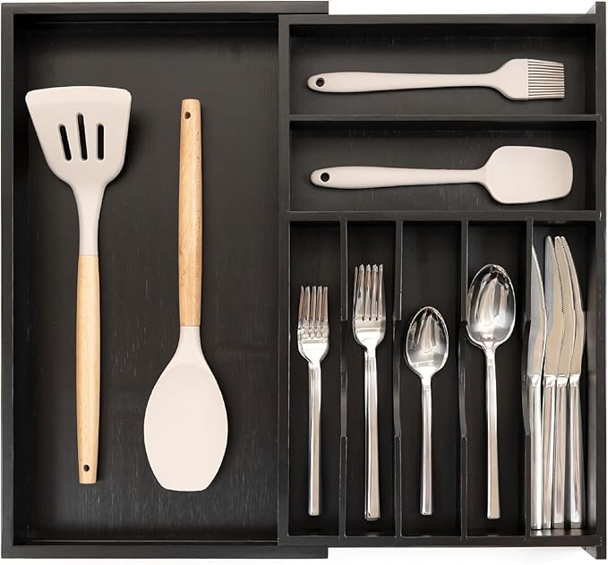 KitchenEdge Premium Silverware, Flatware and Utensil Organizer for Kitchen Drawers, Food-Safe Contract Grade, Expandable from 10.5 to 19 In, Black Bamboo