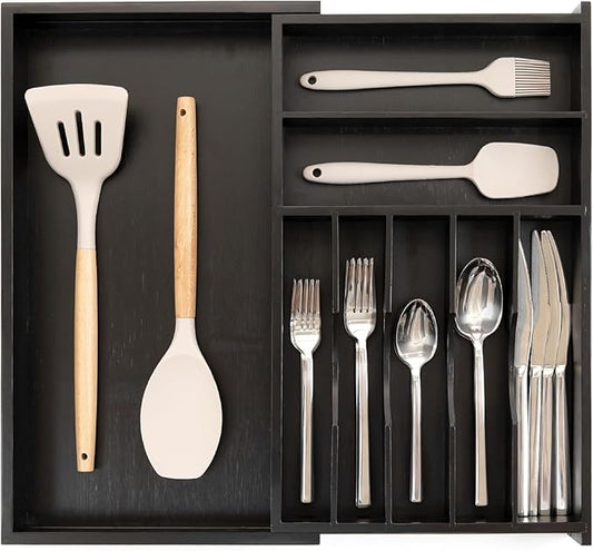 KitchenEdge Premium Silverware, Flatware and Utensil Organizer for Kitchen Drawers, Food-Safe Contract Grade, Expandable from 10.5 to 19 In, Black Bamboo