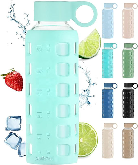 purifyou Premium 40/32 / 22/12 oz Reusable Glass Water Bottles with Time and Volume Markings, Non-Slip Silicone Sleeve & Stainless Steel Lid Insert, for Water, Milk, Juice (12oz Glow in the Dark)