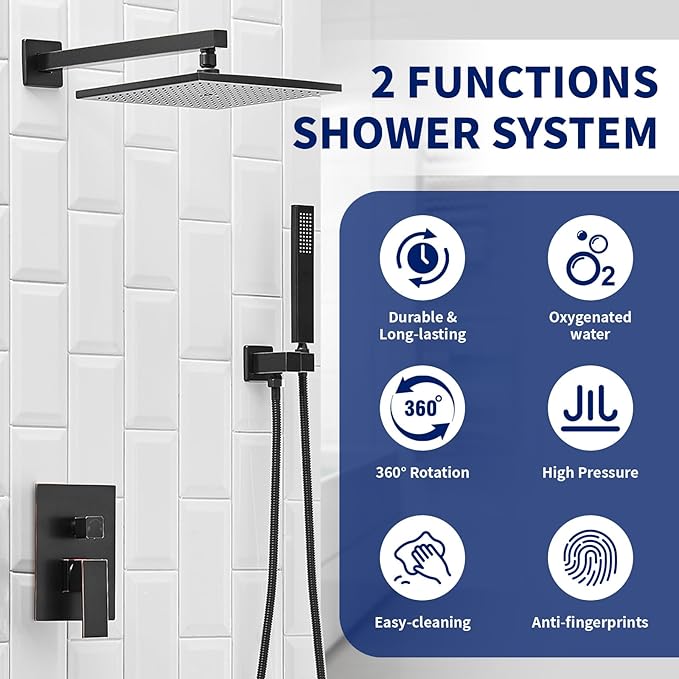 BWE Shower Faucet Oil Rubbed Bronze 12 Inch Square Bathroom Luxury Rain Mixer Shower Combo Set 2-Functions Wall Mounted Rainfall Shower Head System Rough-in Valve Body and Trim Included