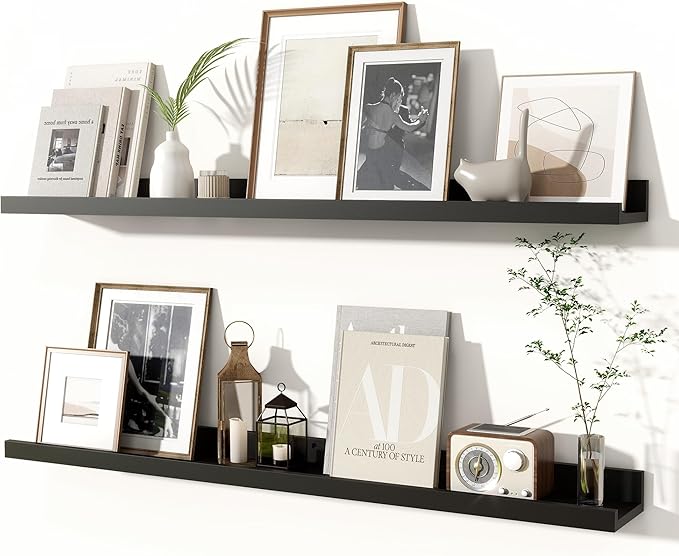 Fun Memories Picture Ledge Shelves Set of 2, 36 Inch Rustic Wall Mounted Floating Shelves with Lip for Home Storage and Décor in Bathroom, Kitchen, Nursery, Bedroom, Living Room, Black