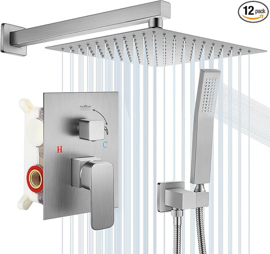 Rainfall Bathroom Shower System, 10-Inch Rain Shower Head and Handle Set, Wall Mounted Dual Shower Combo, All Metal Decorative Shower Luxury Kit Nickel-plated (with Shower Valve)