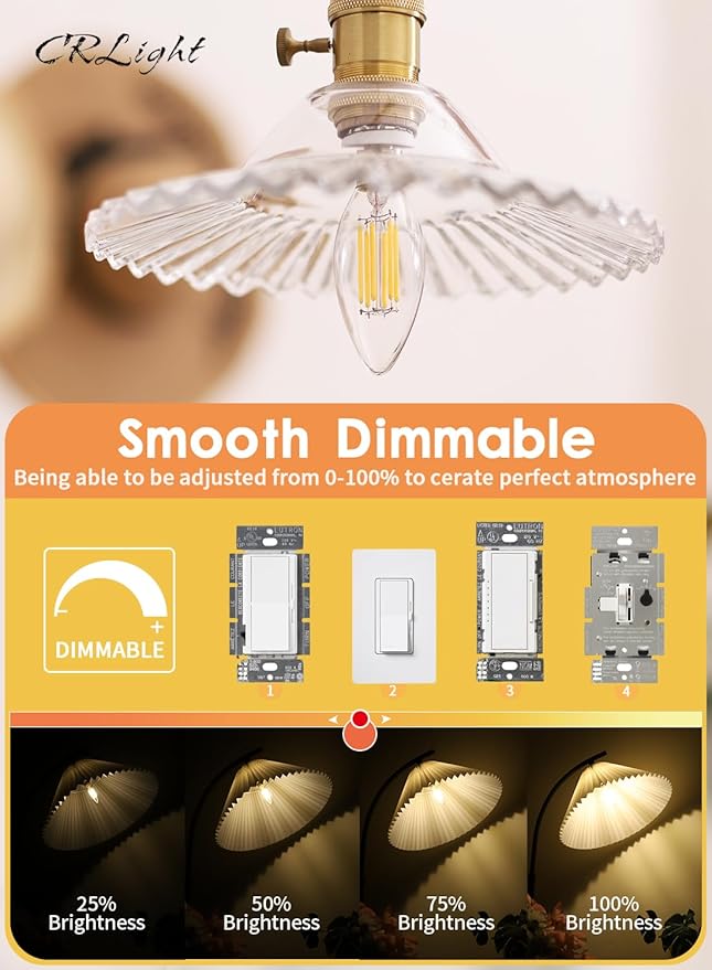 CRLight 6W Dimmable LED Candelabra Bulb 80W Equivalent 800LM, 6 LED Filament Real 6W Chandelier Light Bulbs, 2700K Warm White E12 Base, B11 Candle Torpedo Clear Glass Decorative Bulb, 8 Pack