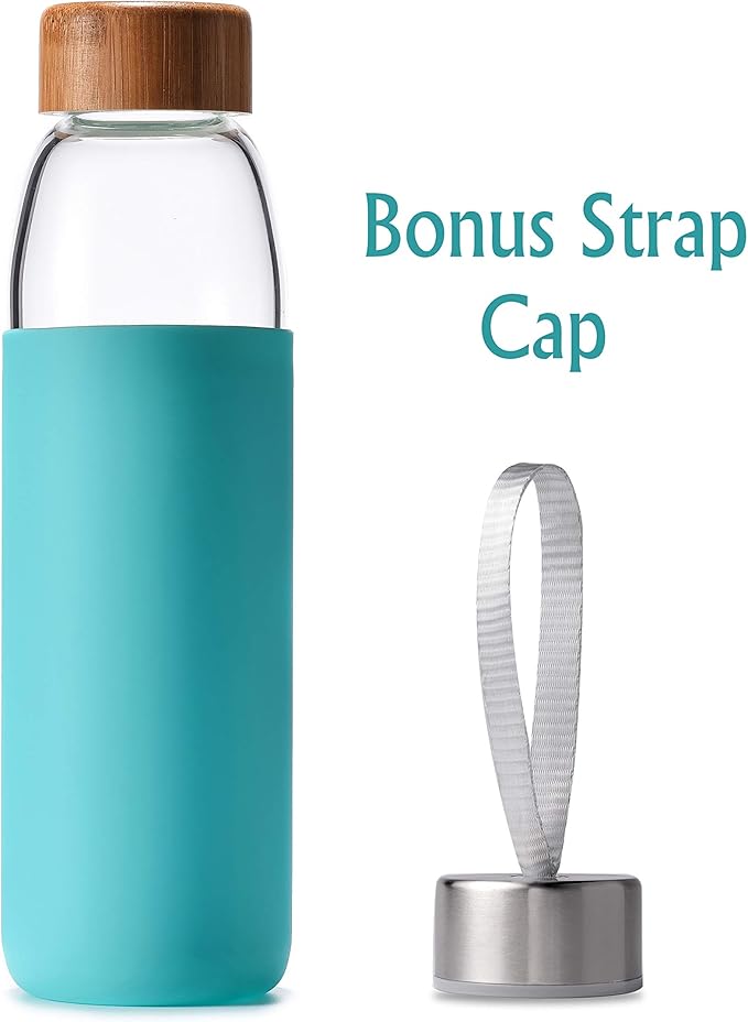 veegoal Glass Water Bottles 18 Oz Borosilicate with Bamboo Lid, BPA-FREE, Non-Slip Silicone Sleeve, and Stainless Steel Leak Proof Lid - Glass Water Bottle for Men and Women