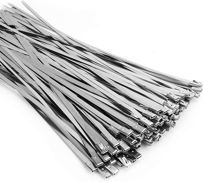 Metal Zip Ties (100PCS 11.8 Inch), 304 Stainless Steel, Heavy Duty Self-locking Cable Ties, for Exhaust Wrap, Chain Link Fence Parts, Heat Resistant Fencing Tie. for Pipe, Auto repair.