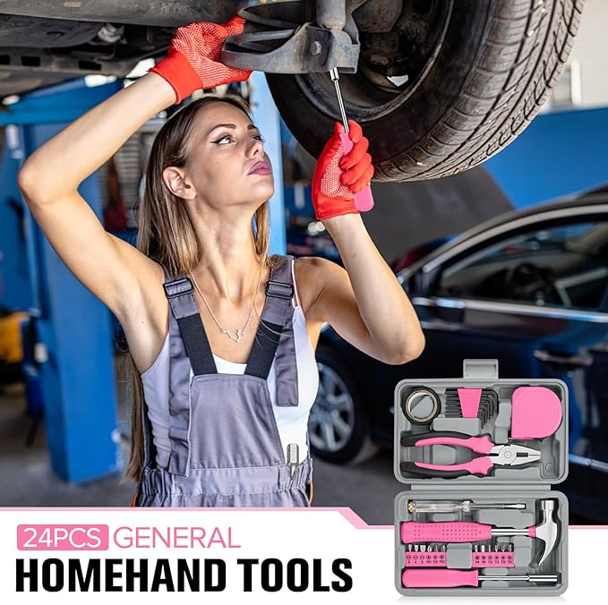 24 Piece Small Tool Kit for Men and Women, Mini Hand Tool Set with Storage Box for Home, DIY, Office, Garage(Pink)