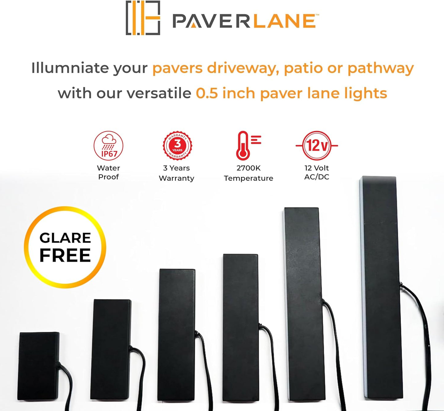 LUMENGY Paver Light Slim 0.5x16 Inch Glare-Free 2700K Warm White, Steel Brick Lighting for Pavers, Walls, Driveway & Pathway Borders, Waterproof IP67, 12V AC/DC Drive-Over Rated